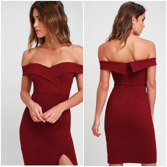 burgundy off the shoulder midi dress